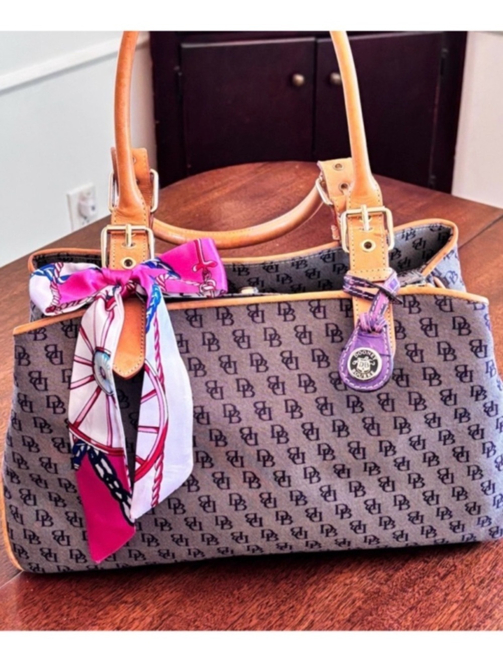 DOONEY & BOURKE SIGNATURE CANVAS IN BLUE GRAY WITH LEATHER TAN TRIM SATCHEL EUC